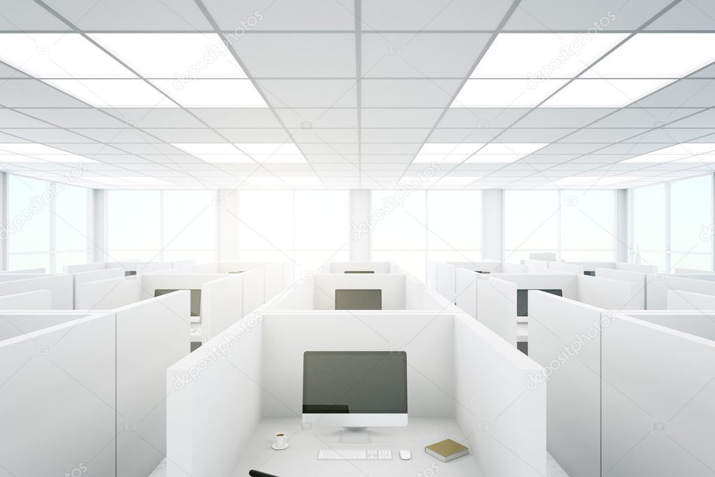Modern coworking office interior with partitions and computers. 3D Rendering