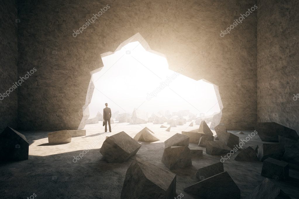Back view of businessman with briefcase in concrete interior with broken wall, city view and sunlight. Research concept. 3D Rendering