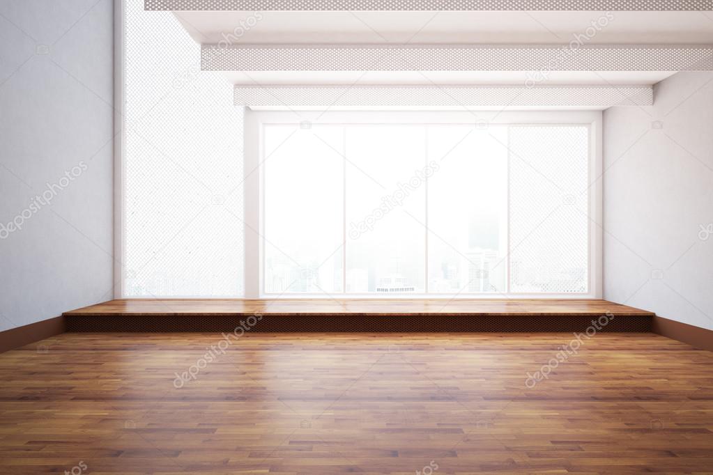 Front view of unfurnished interior with wooden floor, mesh windows and city view. 3D Rendering