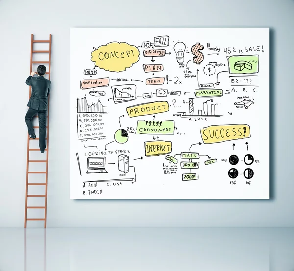 Zakenman klimmen ladder naast whiteboard met creatieve business schets. Succes concept. 3D-rendering — Stockfoto