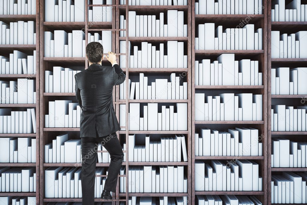 Back view of businessman climbing library ladder. Knowledge concept. 3D Rendering