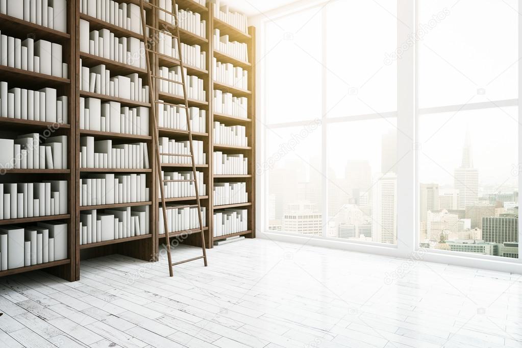 Side view of library interior with wooden bookshelves, light floor, ladder, window with city view and daylight. 