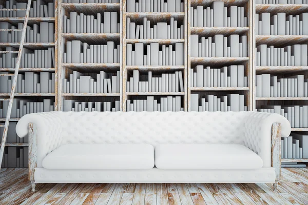 Biała kanapa w bibliotece — Zdjęcie stockowe