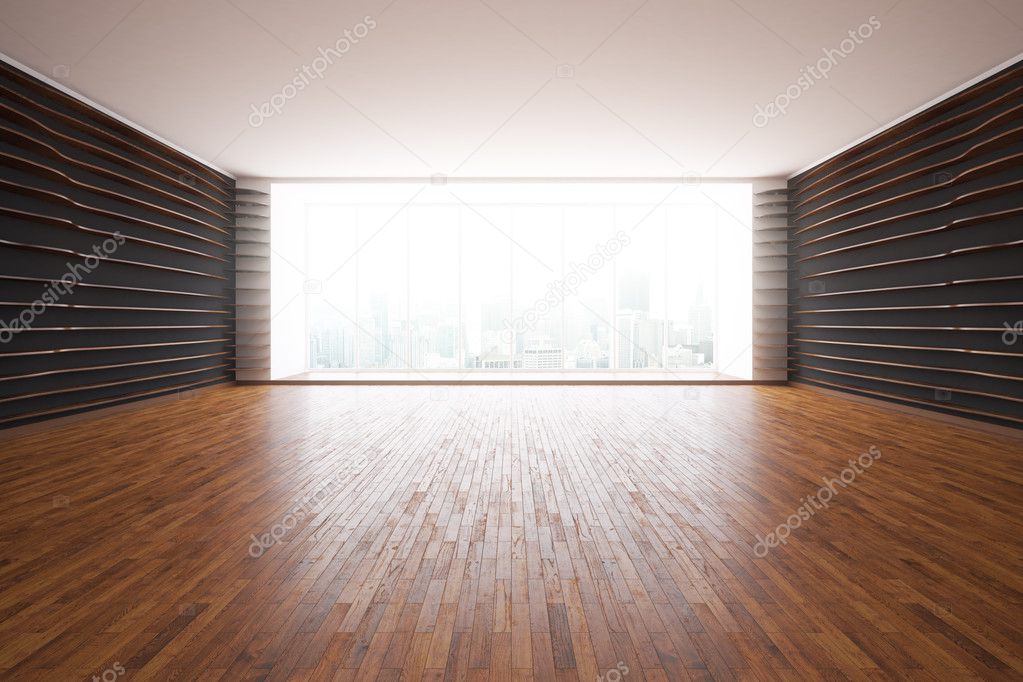 Modern interior with patterned walls, wooden floor and floor-to-ceiling windows with city view. 3D Rendering 