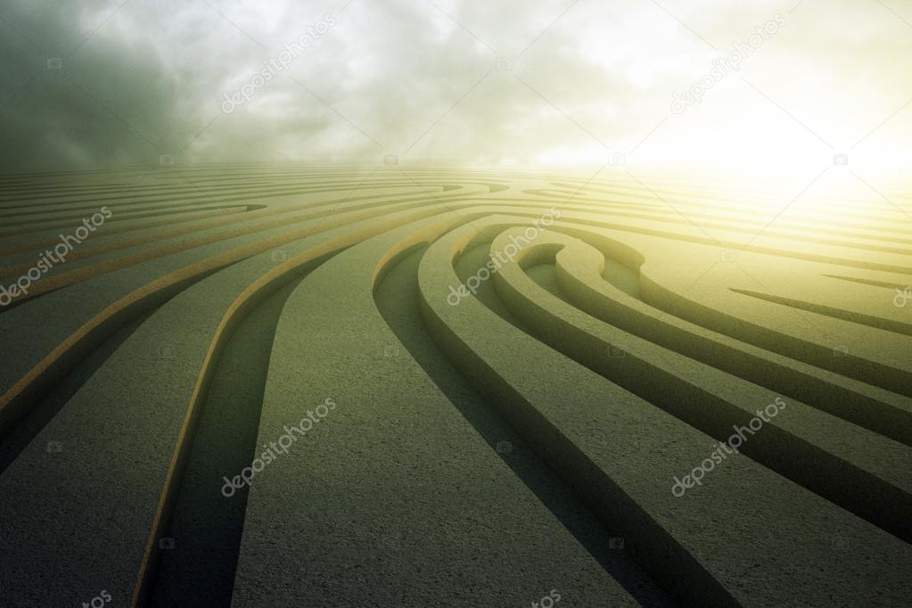 Abstract concrete fingerprint maze on cloudy sky background. Challenge concept. 3D Rendering
