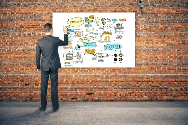 Back view of young businessperson drawing business sketch on whiteboard hanging in red brick interior. Success concept. 3D Rendering — Stock Photo, Image