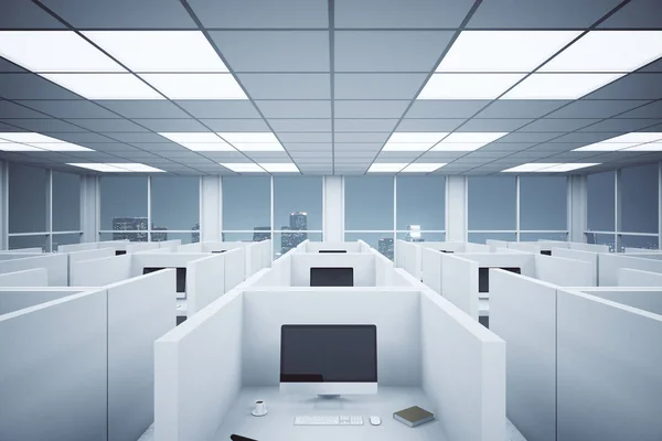Μοντέρνα coworking εσωτερικό γραφείο με χωρίσματα, υπολογιστές και νύχτα πόλη θέα. 3D rendering — Φωτογραφία Αρχείου