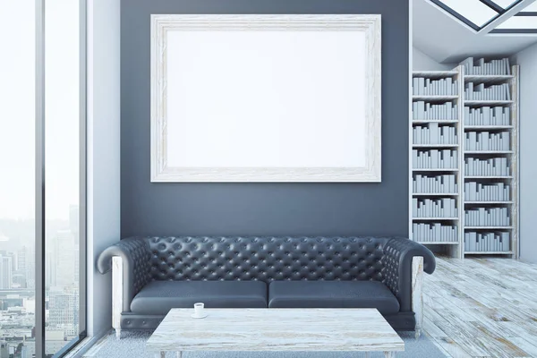 Habitación creativa con marco de imagen en blanco, lujoso sofá de cuero marrón, mesa de centro, estanterías y vistas a la ciudad. Moderno concepto de biblioteca. Maquillaje, renderizado 3D — Foto de Stock
