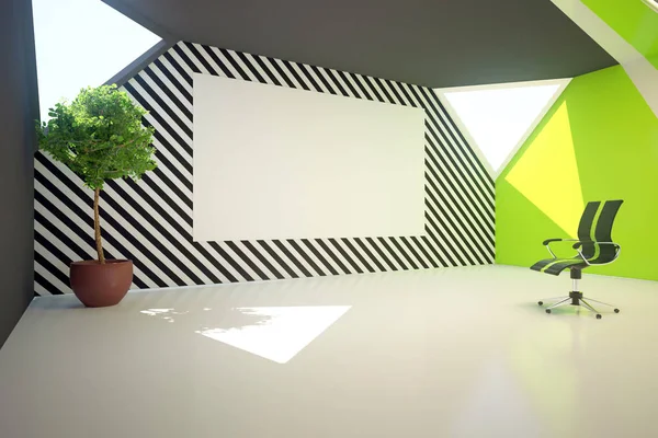 Modernes grünes Interieur mit leerem Whiteboard an gemusterter Wand, dekorativer Pflanze und Drehstuhl. mock up, 3D-Rendering. Präsentationskonzept — Stockfoto