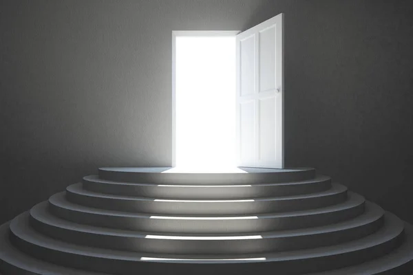 Абстрактний бетонний інтер'єр зі сходами і відкритими дверима з яскравим світлом. Концепція успіху — стокове фото