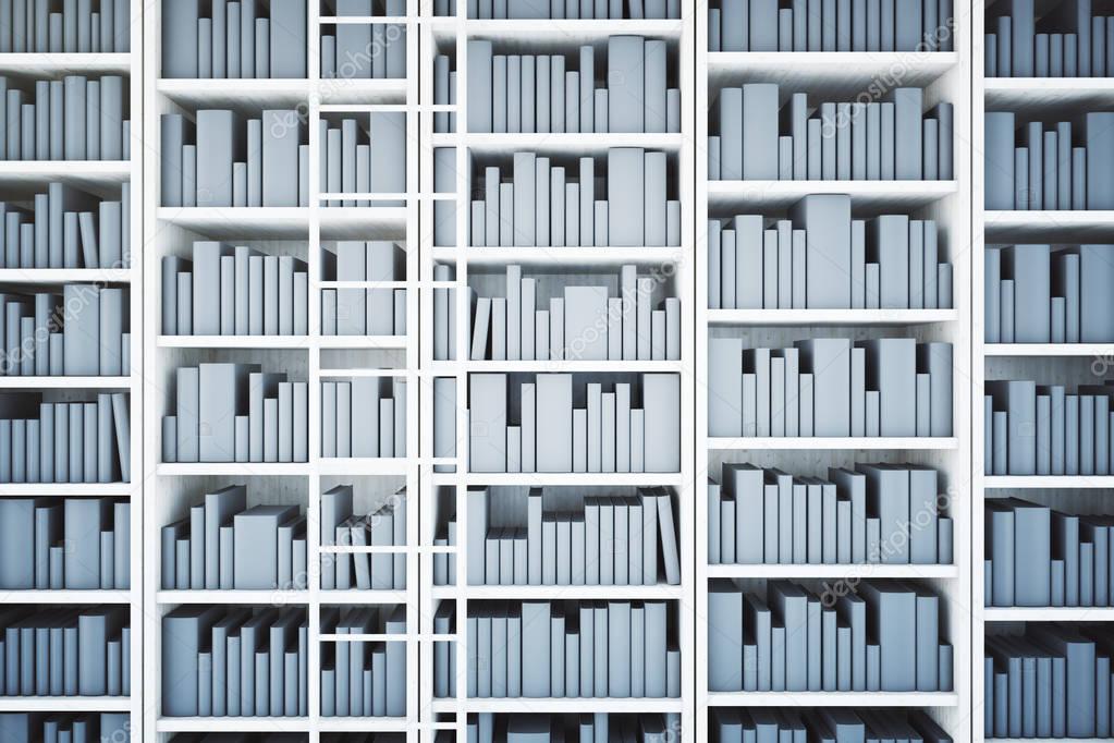 Front view and close up of white bookshelves and ladder. Library concept. 3D Rendering