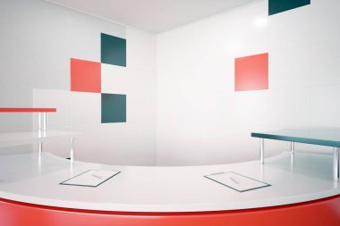 Kırmızı resepsiyon masası yakın çekim. 3D render