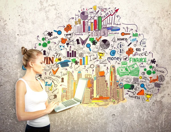 Side view of attractive european girl using laptop computer on textured concrete background with creative business sketch. Success concept — Stock Photo, Image