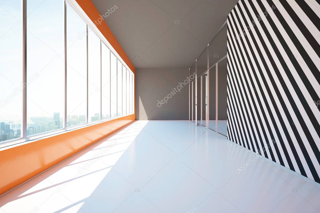 Modern hallway interior with patterned glass doors and panoramic windows with city view. 3D Rendering