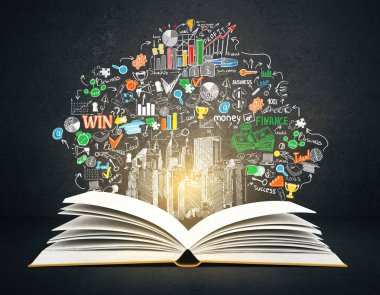 Karanlık beton zemin üzerine açık kitap yaratıcı iş kroki ile önden görünümü. 3D render. Eğitim kavramı