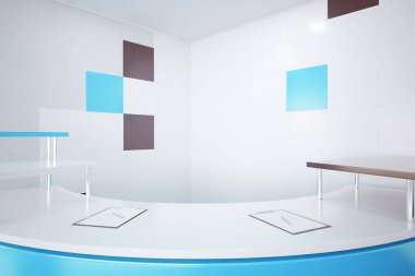 Mavi resepsiyon masası yakın çekim. 3D render