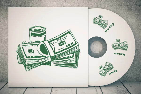 Close up of CD cover with creative dollar bills sketch. Money concept. 3D Rendering — Stock Photo, Image