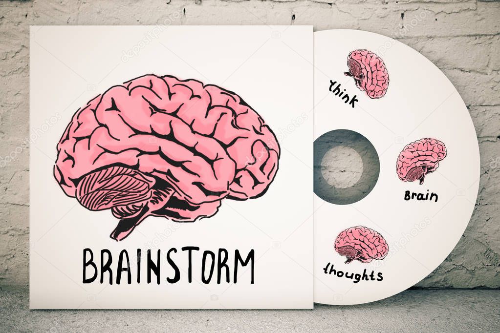 Close up of CD cover with creative human brain sketch on brick background. Brainstorm concept. 3D Rendering