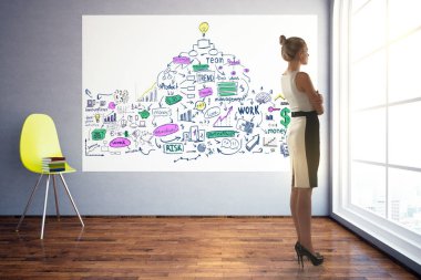 Düşünceli kadın iş kroki ile