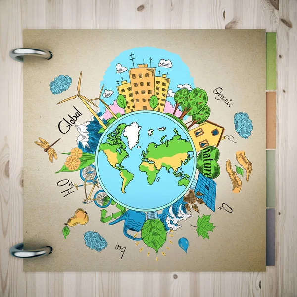 Primo piano di blocco note con schizzo globo creativo. Eco concept. Rendering 3D — Foto Stock