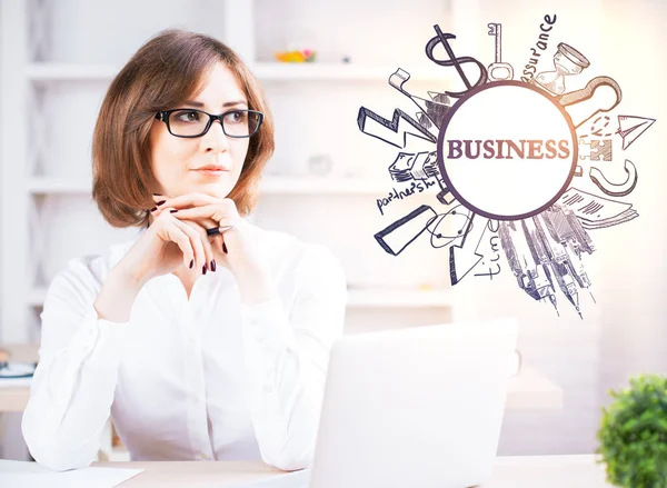 Portrait of woman with business sketch — Stock Photo, Image