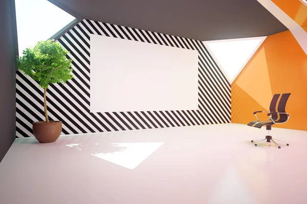 Intérieur orange moderne avec tableau blanc vierge sur le mur à motifs, plante décorative et chaise pivotante. Maquette, rendu 3D. Concept de présentation — Photo