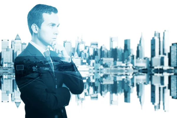 Side portrait of handsome thoughtful man on city background. Brainstorming concept. Double expoure — Stock Photo, Image