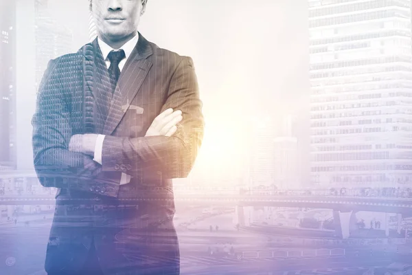 Thoughtful businessman on city background. Double exposure. Research concept — Stock Photo, Image