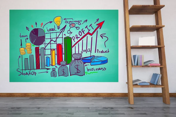 녹색 배너와 책 나무 계단에 금융 스케치와 인테리어. 교육 개념입니다. 3 차원 렌더링 — 스톡 사진