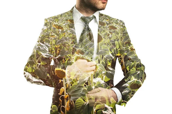 Junger Geschäftsmann im Anzug auf Sonnenblumenfeld Hintergrund. Landwirtschaftskonzept. Doppelbelastung — Stockfoto