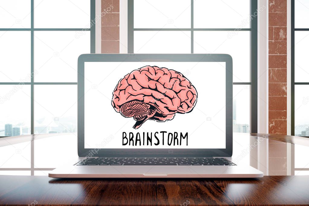 Closeup of creative brain sketch on laptop screen. Brainstorming concept. 3D Rendering