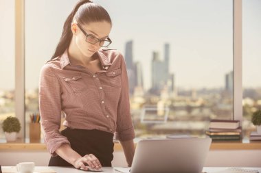 Güzel businesslady dizüstü bilgisayar kullanarak 