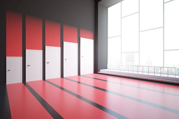 Zijaanzicht van abstracte rood interieur met verschillende grootte deuren en uitzicht op de stad. Keuze concept. 3D-rendering — Stockfoto