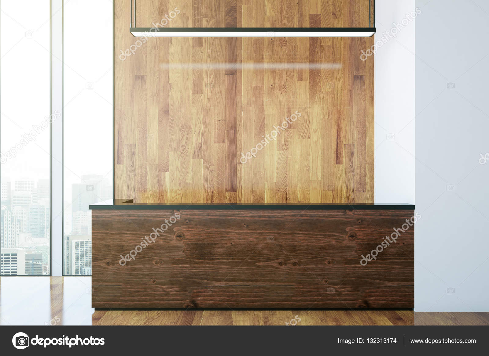 Front View Of Wooden Reception Desk With City And Daylight Front View Of Wooden Reception Desk With City And Daylight Mock Up 3d