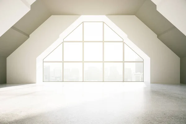 Loft interior con ventana creativa, vista a la ciudad y la luz del día. Renderizado 3D —  Fotos de Stock