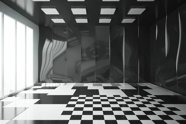 Ny glänsande inredning med mönstrade väggar, golv och tak. 3D-rendering — Stockfoto