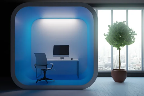Kleine werkplaats in abstracte doos in modern interieur met betonnen wand, venster met uitzicht op de stad en decoratieve plant. 3D-rendering — Stockfoto