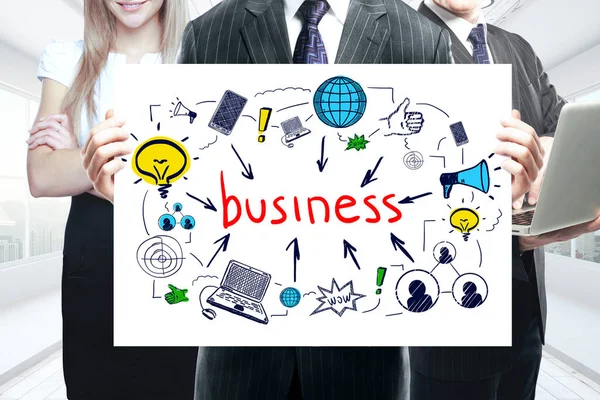 Businesspeople holding whiteboard with creative sketch. Business concept — Stock Photo, Image