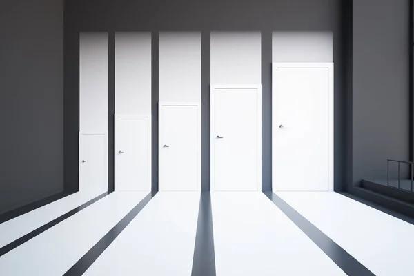 Vista frontal de interior abstracto blanco con puertas de diferentes tamaños. Concepto de elección. Renderizado 3D —  Fotos de Stock