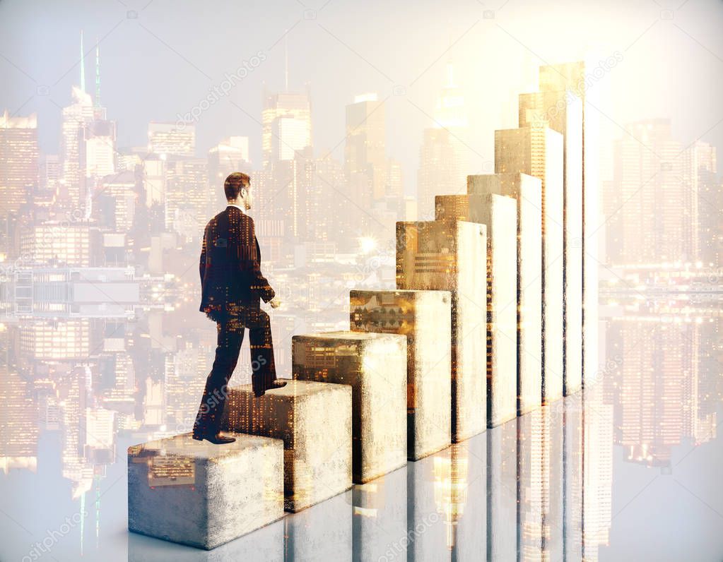 Side view of businessman climbing chart bar ladder on city background. Double exposure. Success concept