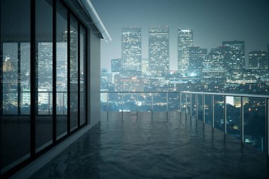 Close up of concrete balcony in modern building. Night city background. 3D Rendering clipart