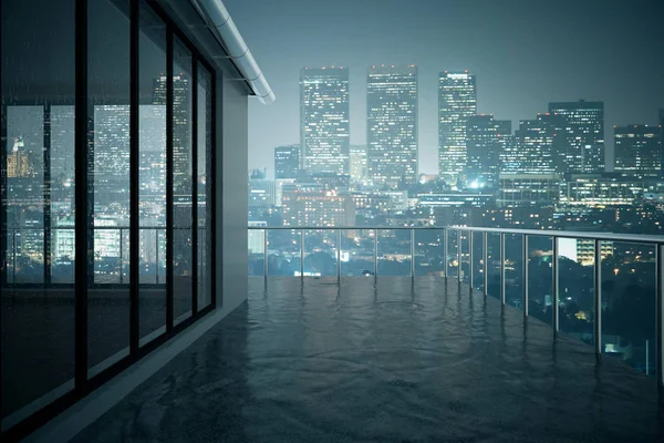 Primo piano del balcone in cemento in un edificio moderno. Sfondo della città di notte. Rendering 3D — Foto Stock