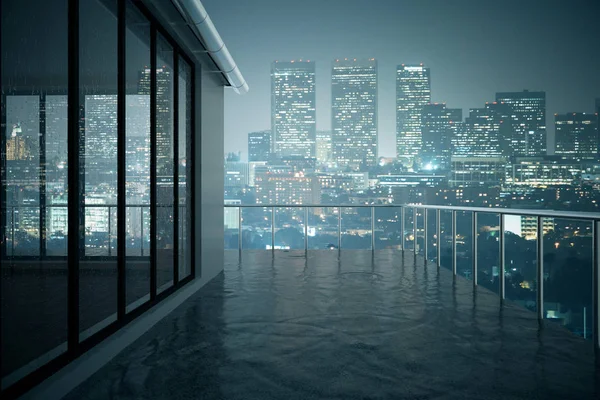 Primer plano de balcón de hormigón en edificio moderno. Fondo nocturno de la ciudad. Renderizado 3D — Foto de Stock