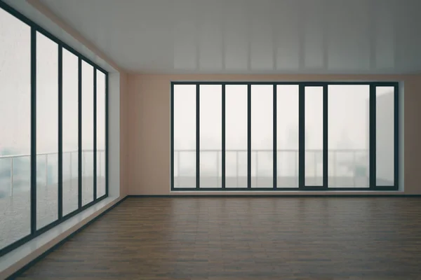 Schone ongemeubileerde interieur met houten vloer, betonnen muren en panoramische ramen met uitzicht op de stad wazig en daglicht. 3D-rendering — Stockfoto