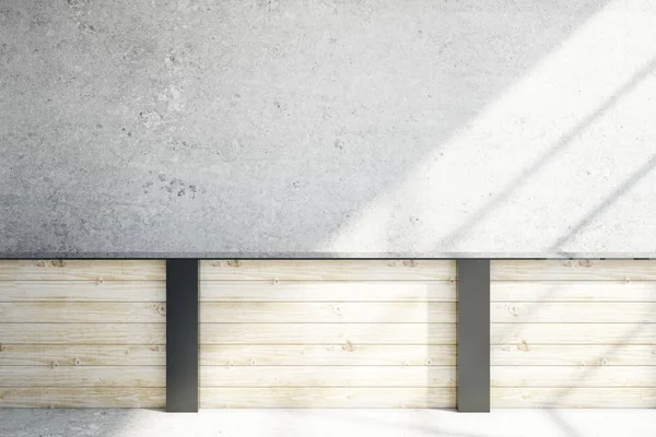 Vista frontal de madeira clara e parede de concreto com espaço de cópia e luz solar. Renderização 3D — Fotografia de Stock