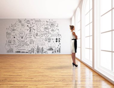 Yaratıcı iş kroki ile modern iç duran düşünceli kadın. Başarı kavramı. 3D render