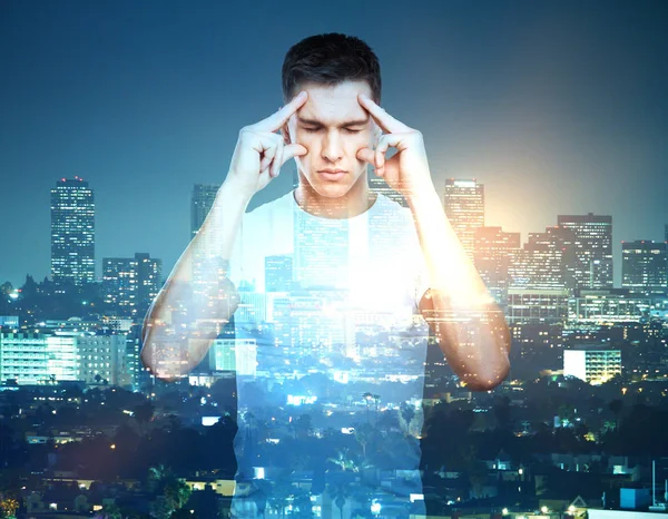 Man on city background multiexposure — Stock Photo, Image