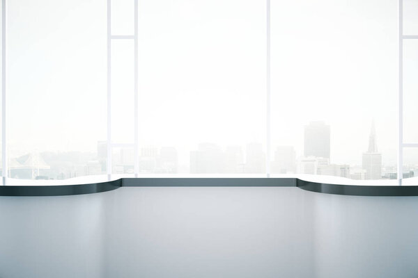 Front view of empty minimalistic interior with panoramic window and city view. Mock up, 3D Rendering