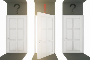 Soyut Oda beyaz kapılar, ünlem işareti ve soru işaretleri. Karar kavramı. 3D render
