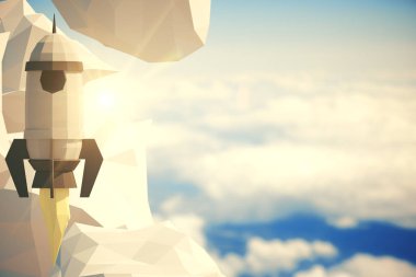 Soyut poligonal roket gemisi ve bulutlar gökyüzü arka plan kopya alanı ile. 